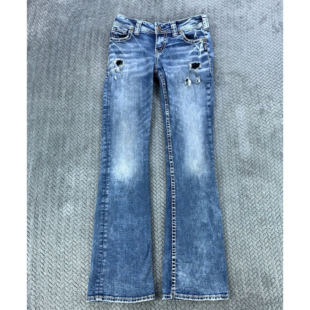 Silver Suki Mid Boot Jeans Women's 26 Blue Super‎ Stretch Distressed Faded 28x31
